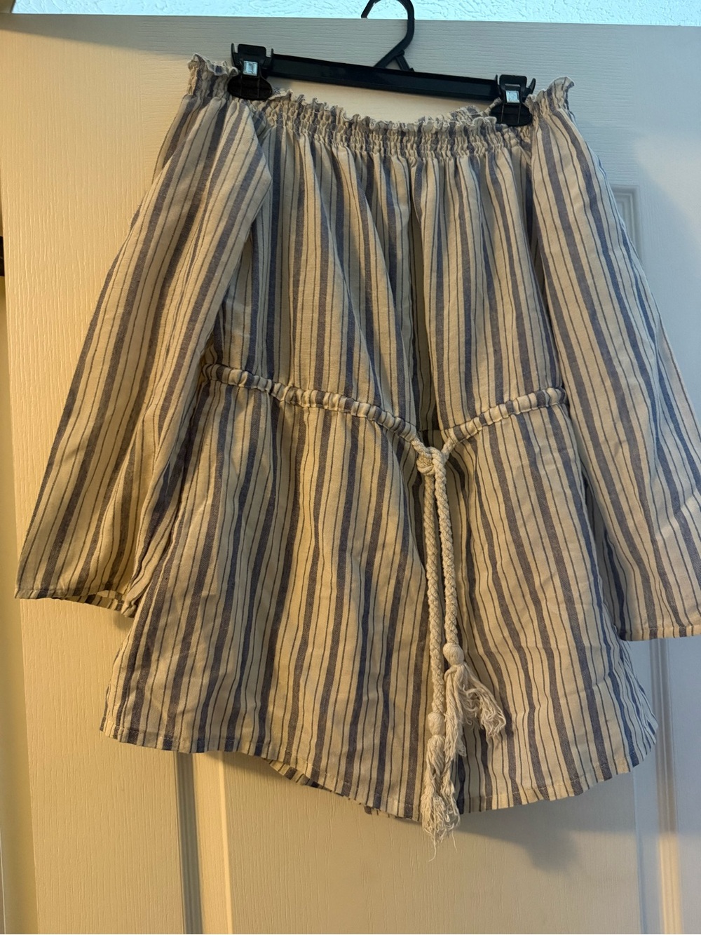 Simplee Apparel Blue and White Striped Off-Shoulder Romper with Rope Tie